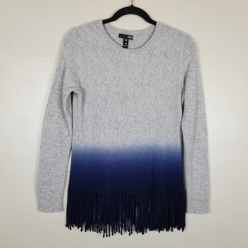 Aqua Cashmere, ombre fringe 100% cashmere sweater, size xs, gray and blue